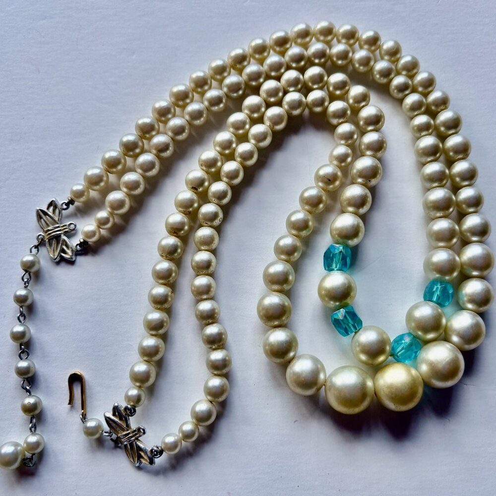 Vintage MONET Three-Strand Faux Pearl & Bead Necklace